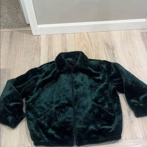 Gallery Vegan Faux Fur Bomber Coat Jacket Green collar pockets VTG vintage 90s